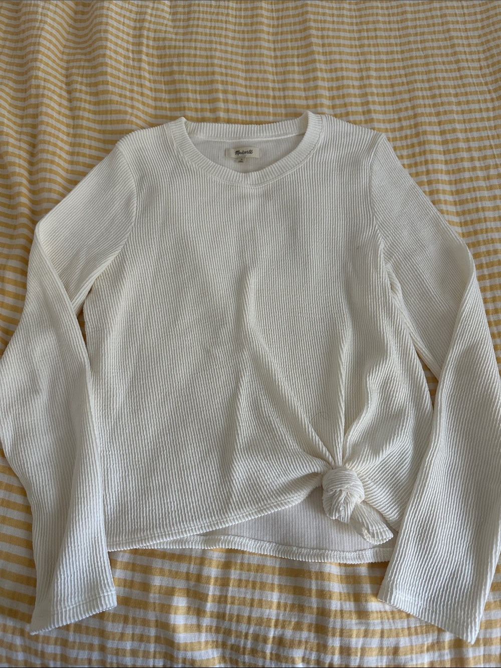 Madewell Cream Ribbed Crewneck Sweater with Front Knot